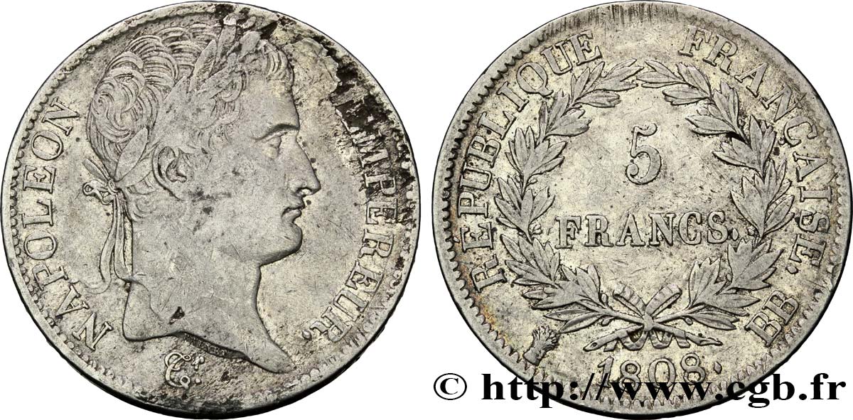 5 francs Napoléon Empereur, République française 1808 Strasbourg F.306/4 TTB40 