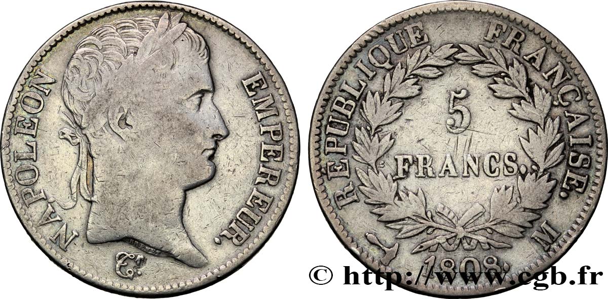 5 francs Napoléon Empereur, République française 1808 Toulouse F.306/10 TB22 