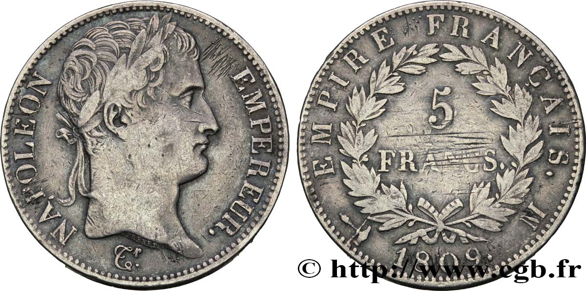 5 francs Napoléon Empereur, Empire français 1809 Toulouse F.307/9 VF28 