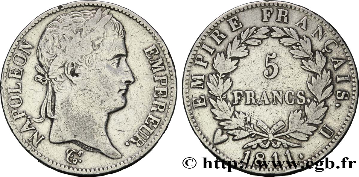 5 francs Napoléon Empereur, Empire français 1811 Turin F.307/39 VF28 