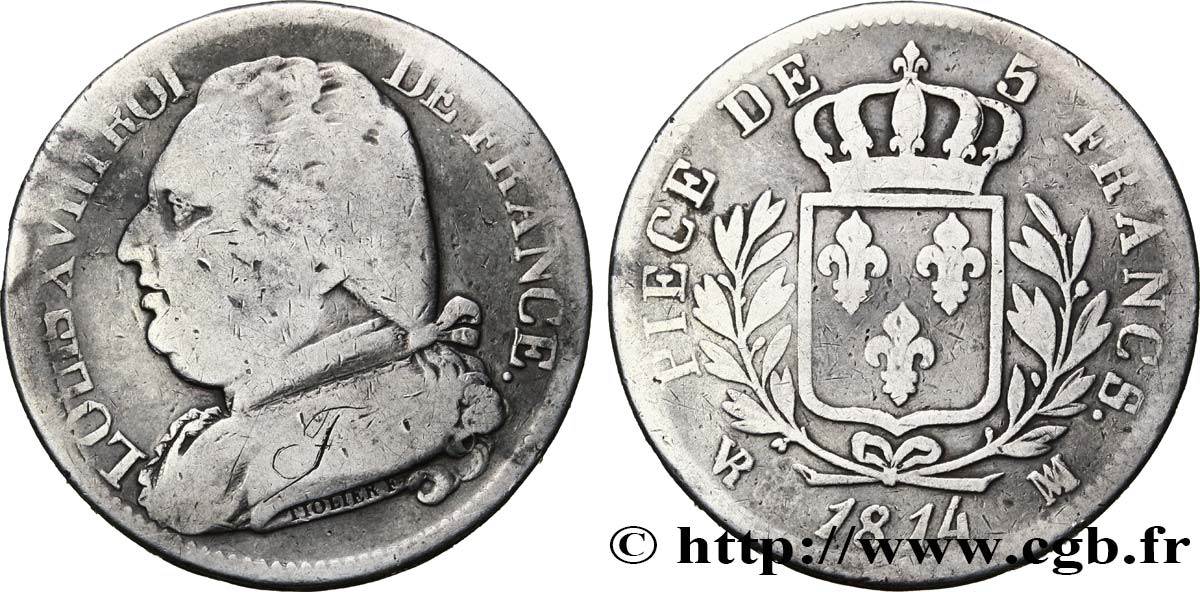 5 francs Louis XVIII, buste habillé 1814 Marseille F.308/10 VG10 