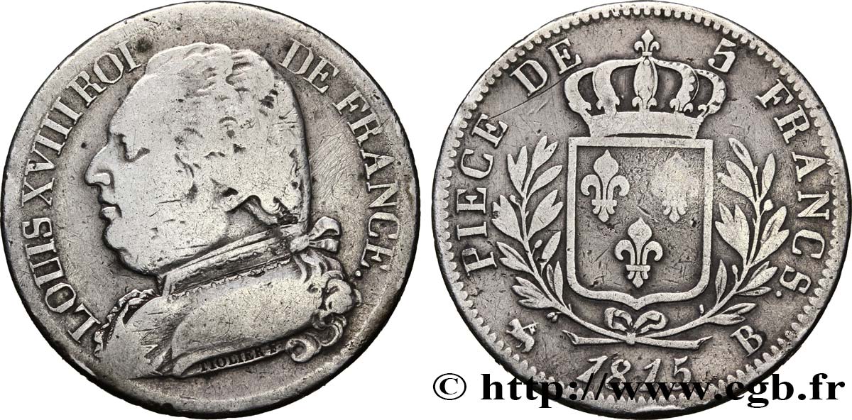 5 francs Louis XVIII, buste habillé 1815 Rouen F.308/16 MB20 