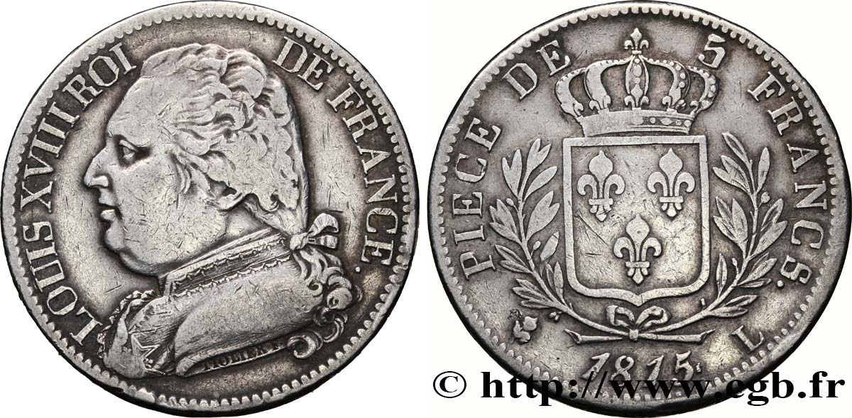 5 francs Louis XVIII, buste habillé 1815 Bayonne F.308/24 TB28 
