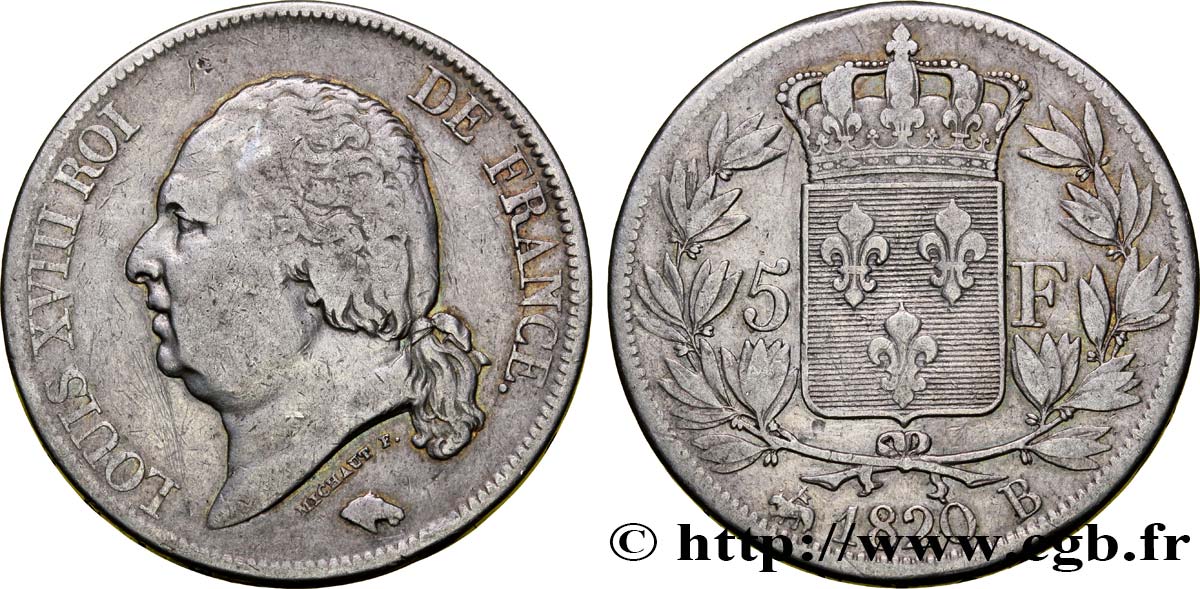 5 francs Louis XVIII, tête nue 1820 Rouen F.309/50 TB30 