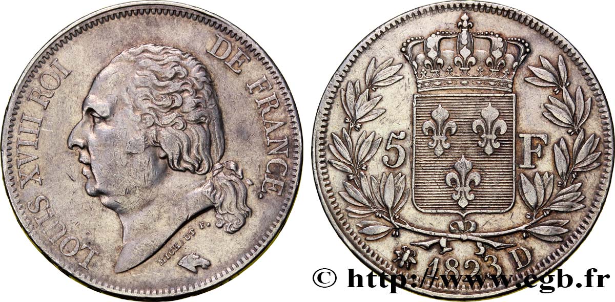 5 francs Louis XVIII, tête nue 1823 Lyon F.309/79 TTB48 