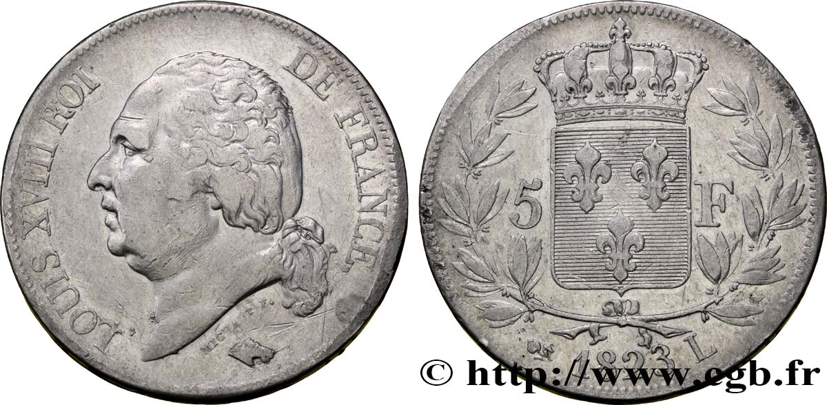 5 francs Louis XVIII, tête nue 1823 Bayonne F.309/83 MB35 