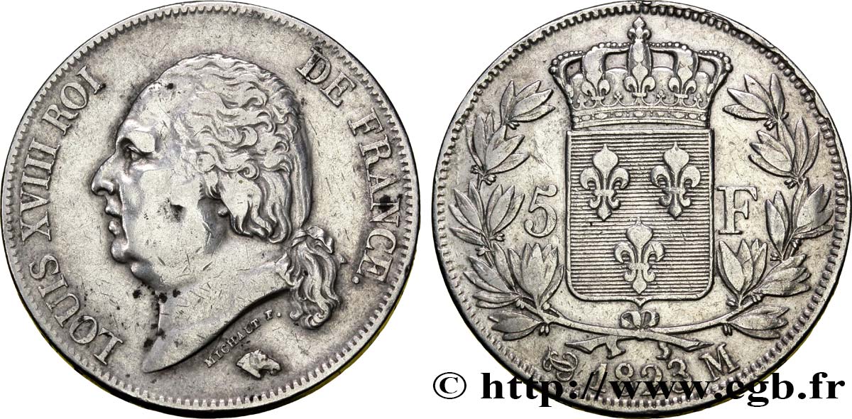 5 francs Louis XVIII, tête nue 1823 Toulouse F.309/84 S35 