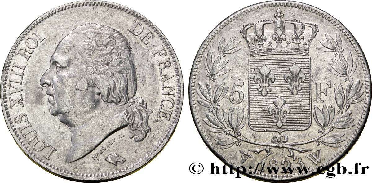 5 francs Louis XVIII, tête nue 1823 Lille F.309/87 XF48 