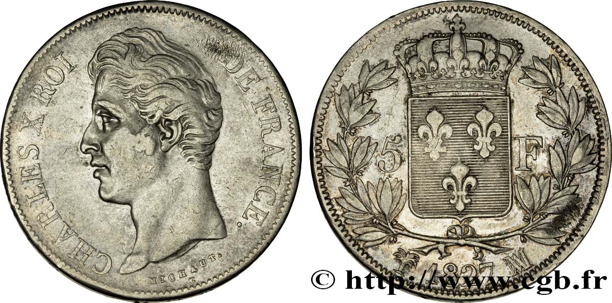 5 francs Charles X, 2e type 1827 Marseille F.311/10 XF40 