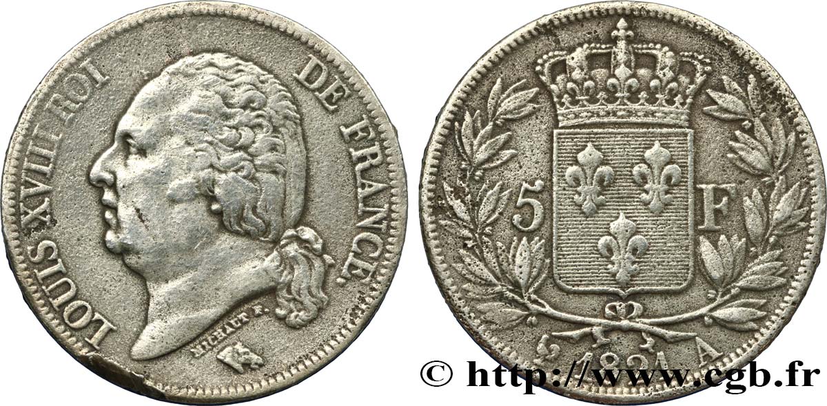 Faux de 5 francs Louis XVIII, tête nue 1821 Paris F.309/60 var. XF45 