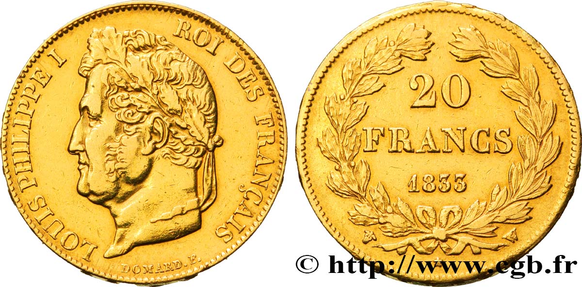 20 francs or Louis-Philippe, Domard 1833 Lille F.527/6 MBC48 