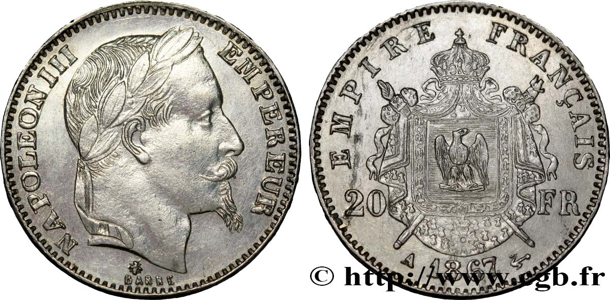 Faux de 20 francs or Napoléon III, tête laurée en platine 1867 Paris F.532/15 TTB52 