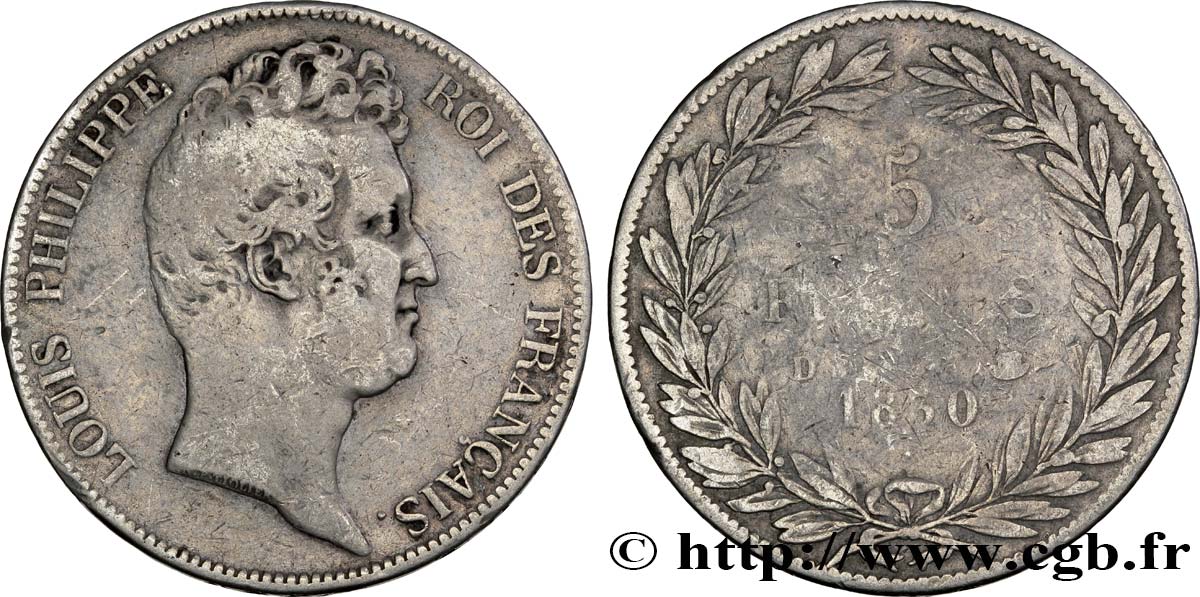 5 francs type Tiolier sans le I, tranche en creux 1830 Lyon F.313/3 B10 