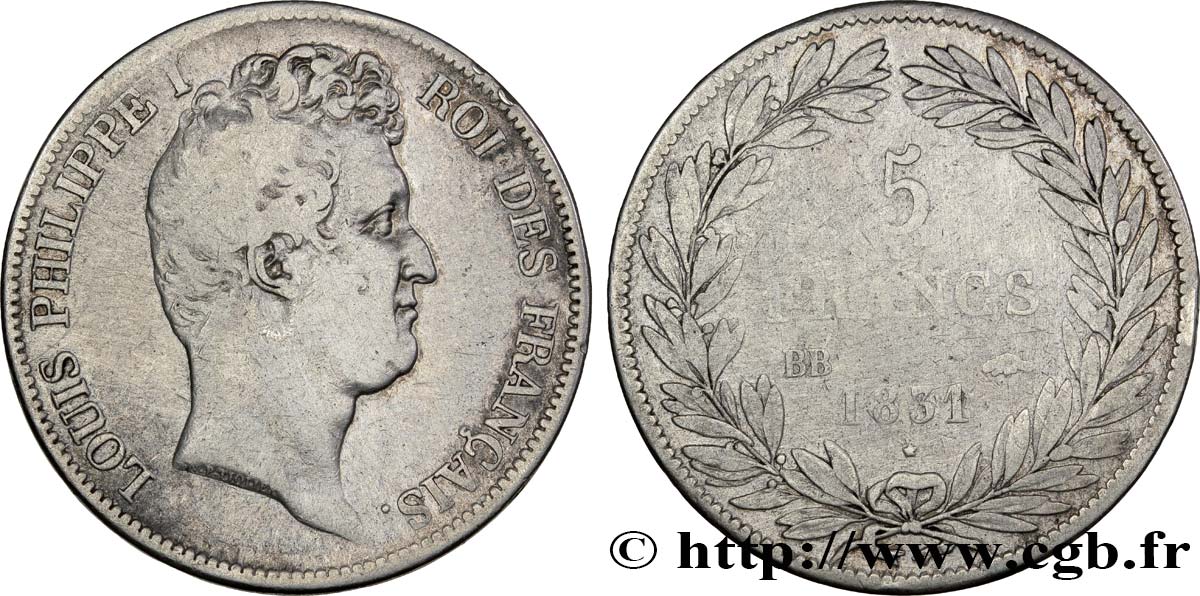 5 francs type Tiolier avec le I, tranche en creux 1831 Strasbourg F.315/16 TB15 
