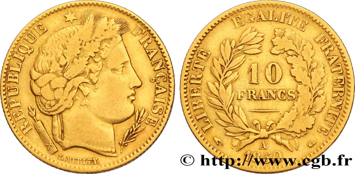 10 francs or Cérès, IIe République 1850 Paris F.504/1 VF35 