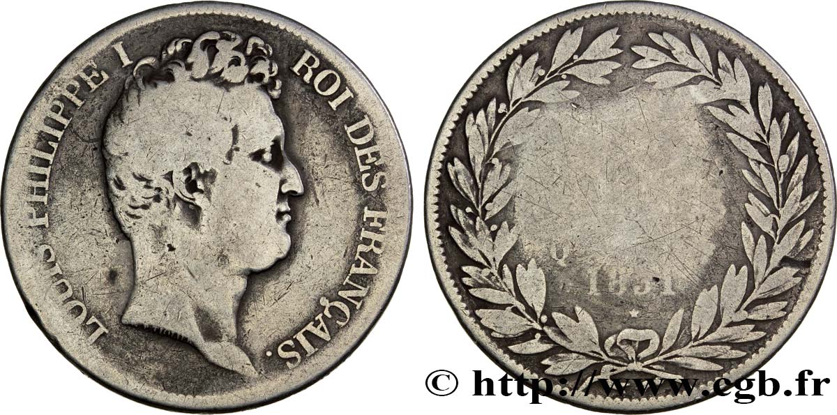 5 francs type Tiolier avec le I, tranche en creux 1831 Perpignan F.315/25 G6 