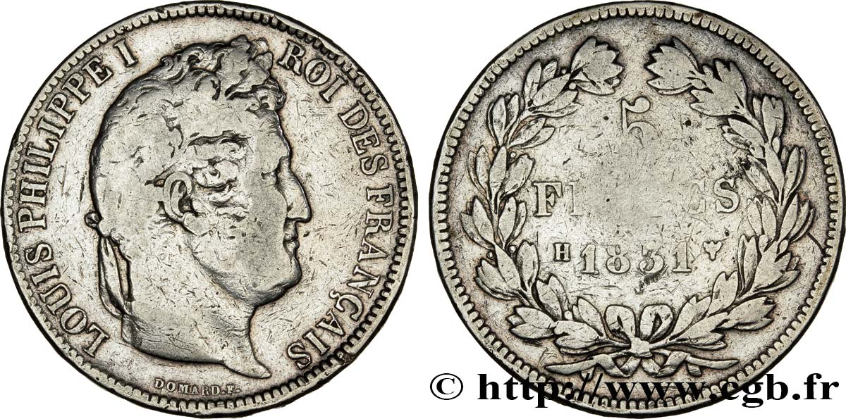 5 francs Ier type Domard, tranche en relief 1831 La Rochelle F.320/5 F12 