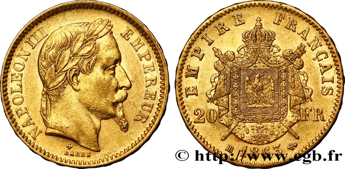 20 francs or Napoléon III, tête laurée 1863 Strasbourg F.532/7 SS45 