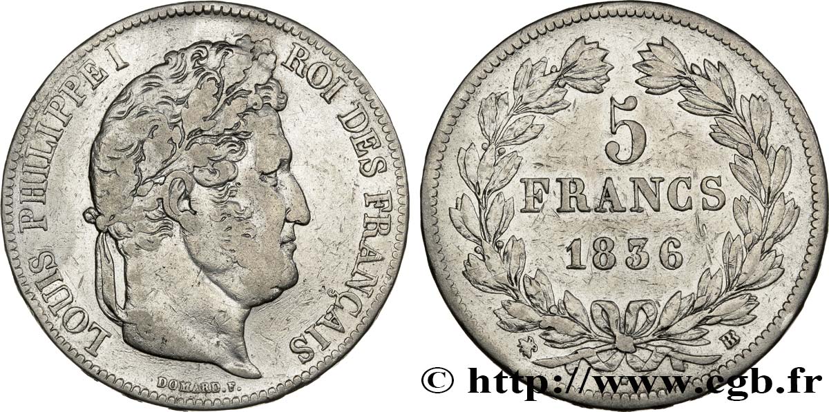 5 francs IIe type Domard 1836 Strasbourg F.324/55 VF28 