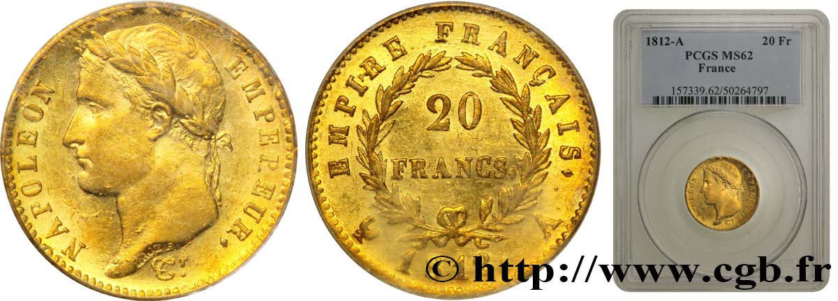 20 francs or Napoléon tête laurée, Empire français - PCGS MS 62 1812 Paris F.516/22 VZ60 