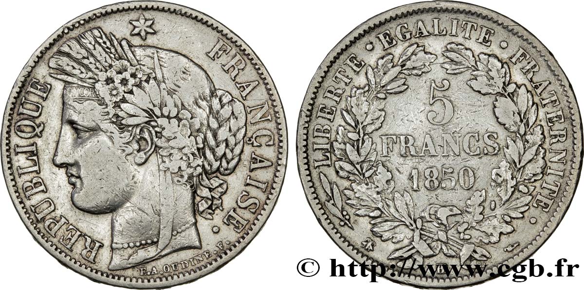 5 francs Cérès, IIe République 1850 Strasbourg F.327/5 VF35 