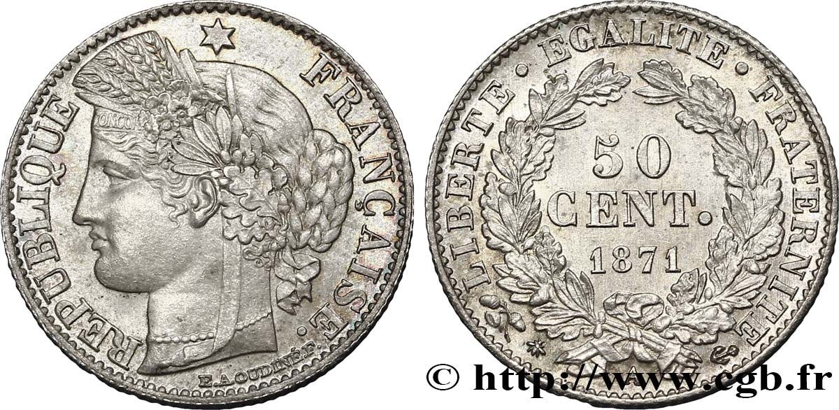 50 centimes Cérès, IIIe République 1871 Paris F.189/1 SPL63 