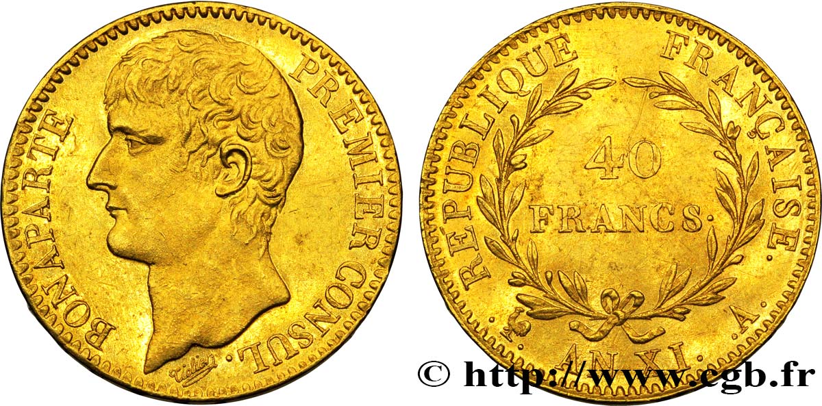 40 francs or Bonaparte Premier Consul 1803 Paris F.536/1 AU55 