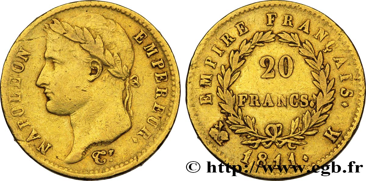 20 francs or Napoléon tête laurée, Empire français 1811 Bordeaux F.516/18 XF40 