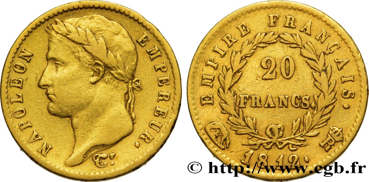 20 francs or Napoléon tête laurée, Empire français 1812 Rome F.516/27 MBC42 