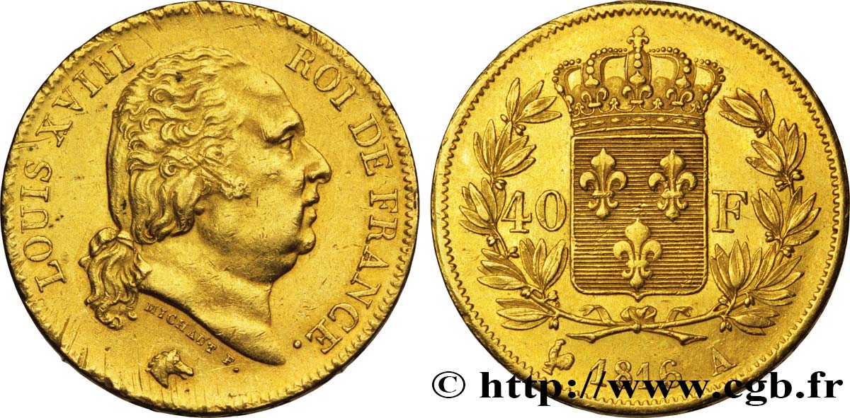 40 francs or Louis XVIII 1816 Paris F.542/1 MBC50 
