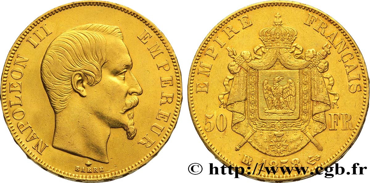 50 francs or Napoléon III, tête nue 1858 Strasbourg F.547/6 XF48 