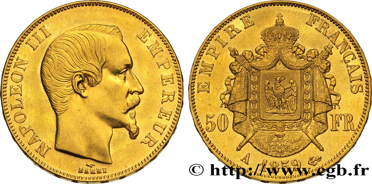 50 francs or Napoléon III, tête nue 1859 Paris F.547/7 AU52 