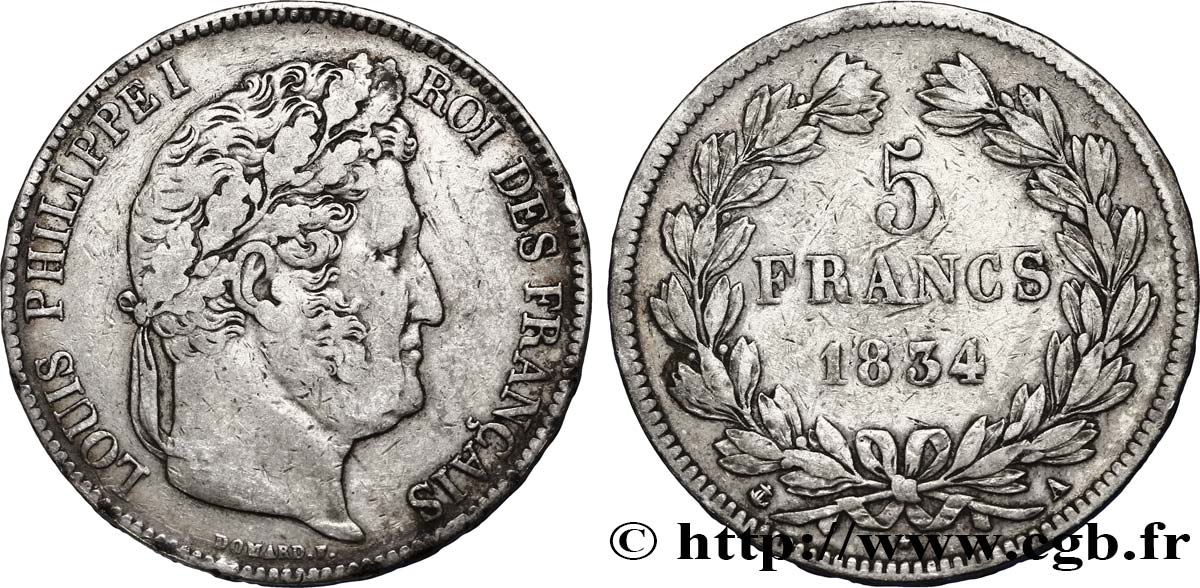 5 francs IIe type Domard 1834 Paris F.324/29 XF42 