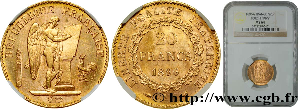20 francs or Génie, Troisième République, différent torche 1896 Paris F.533/21 SPL64 NGC