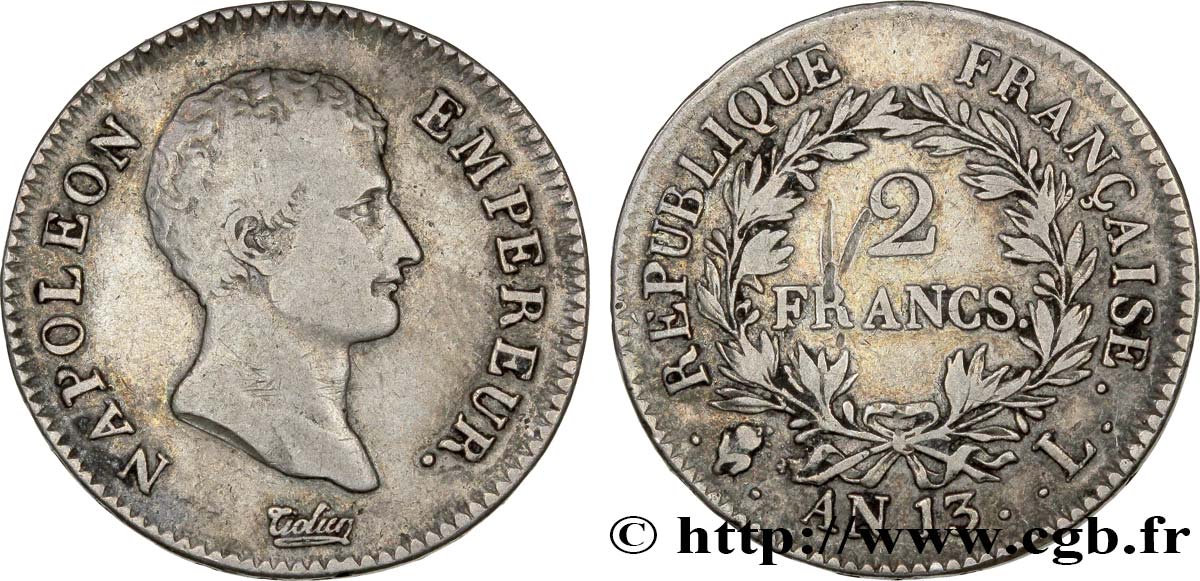 2 francs Napoléon Empereur, Calendrier révolutionnaire 1805 Bayonne F.251/20 VF30 