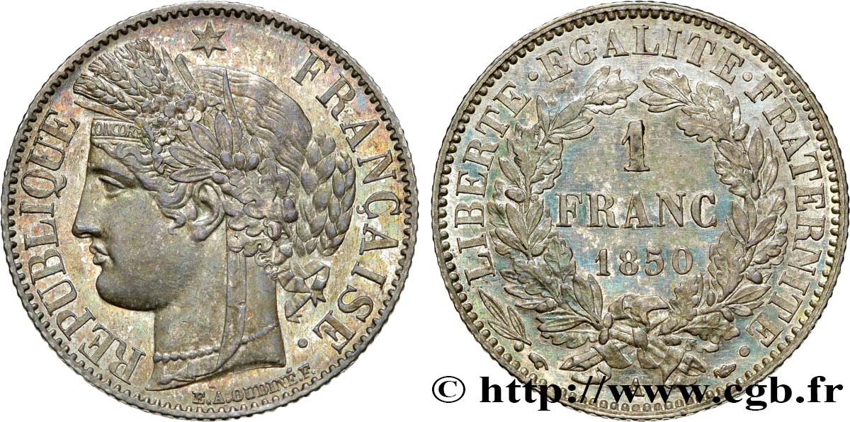 1 franc Cérès, IIe République, différent oreille basse 1850 Paris F.211/5 EBC60 
