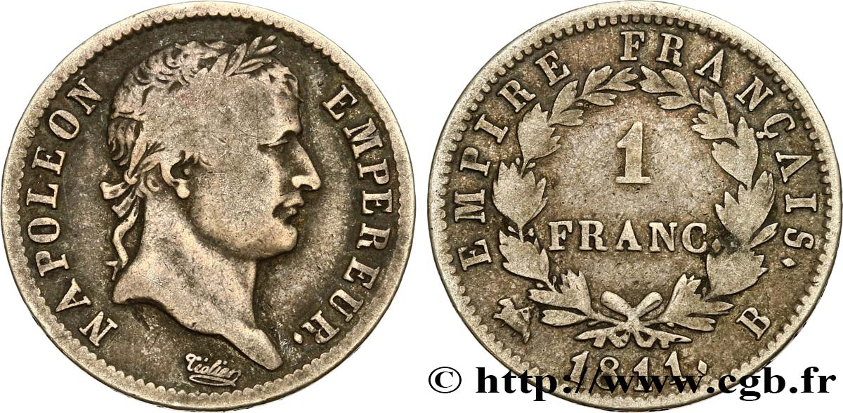 1 franc Napoléon Ier tête laurée, Empire français 1811 Rouen F.205/29 TB30 