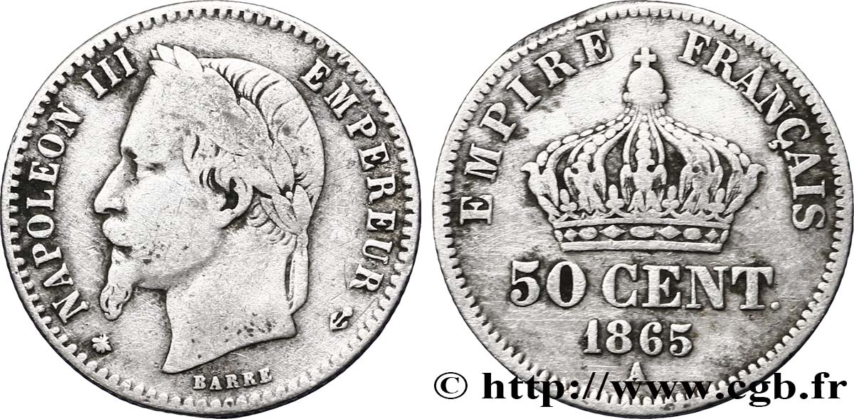 50 centimes Napoléon III, tête laurée 1865 Paris F.188/5 MB30 
