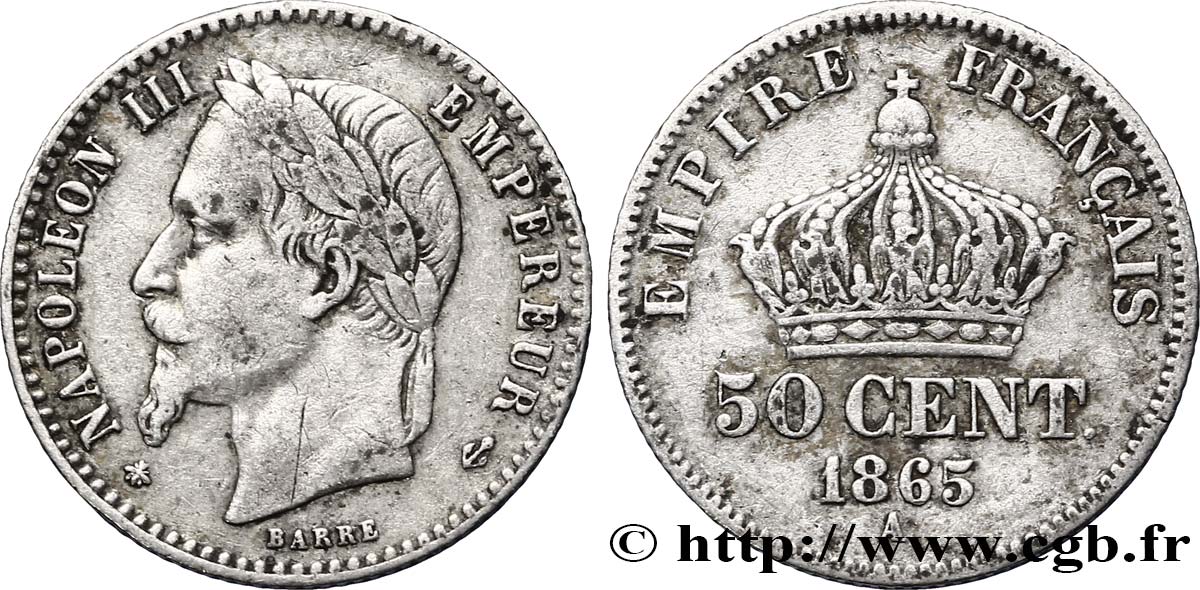 50 centimes Napoléon III, tête laurée 1865 Paris F.188/5 XF40 