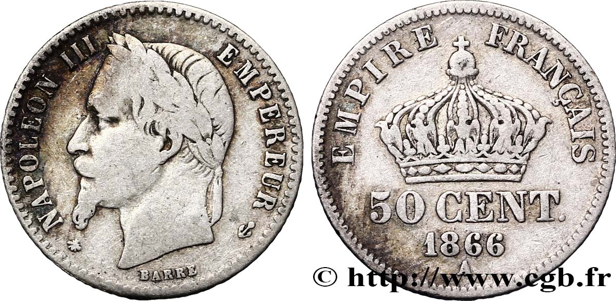 50 centimes Napoléon III, tête laurée 1866 Paris F.188/9 VF25 