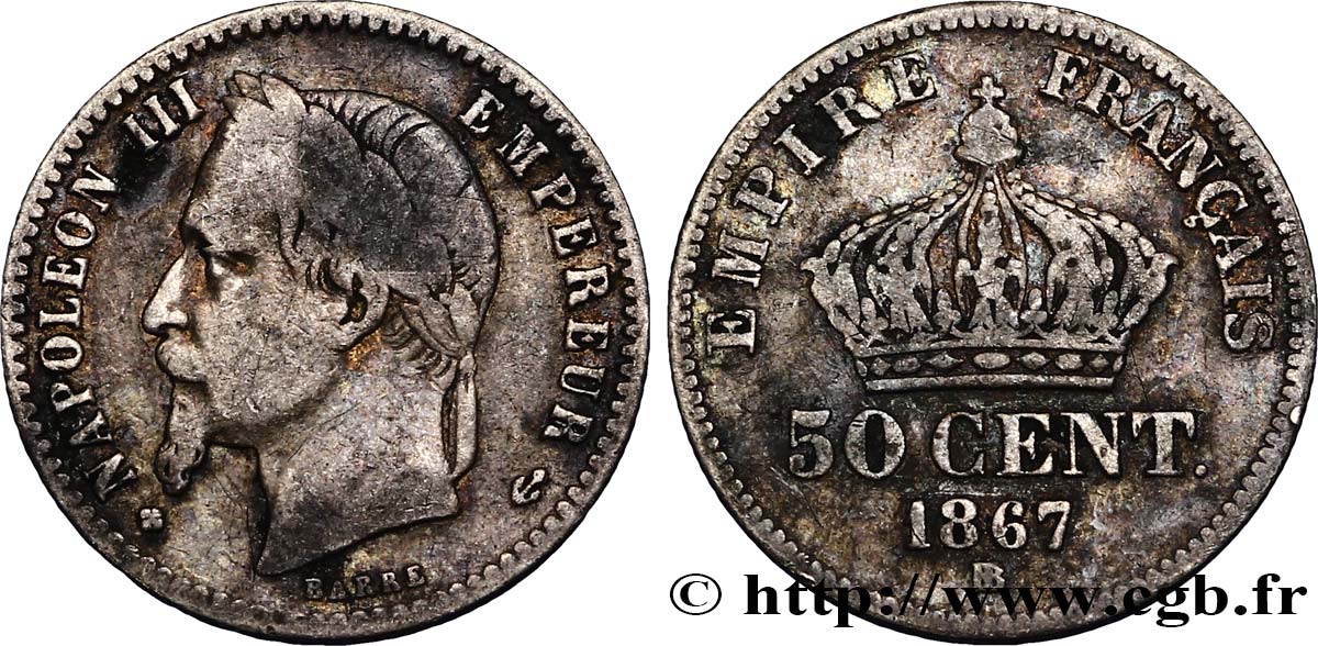 50 centimes Napoléon III, tête laurée 1867 Strasbourg F.188/15 MB20 
