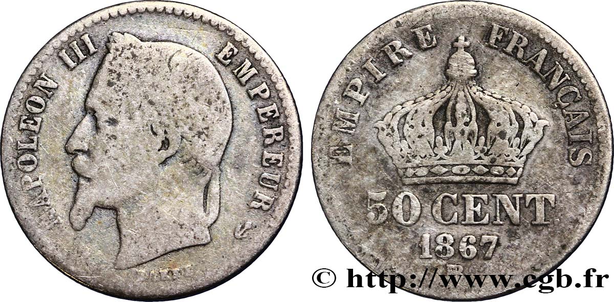 50 centimes Napoléon III, tête laurée 1867 Strasbourg F.188/16 VG8 