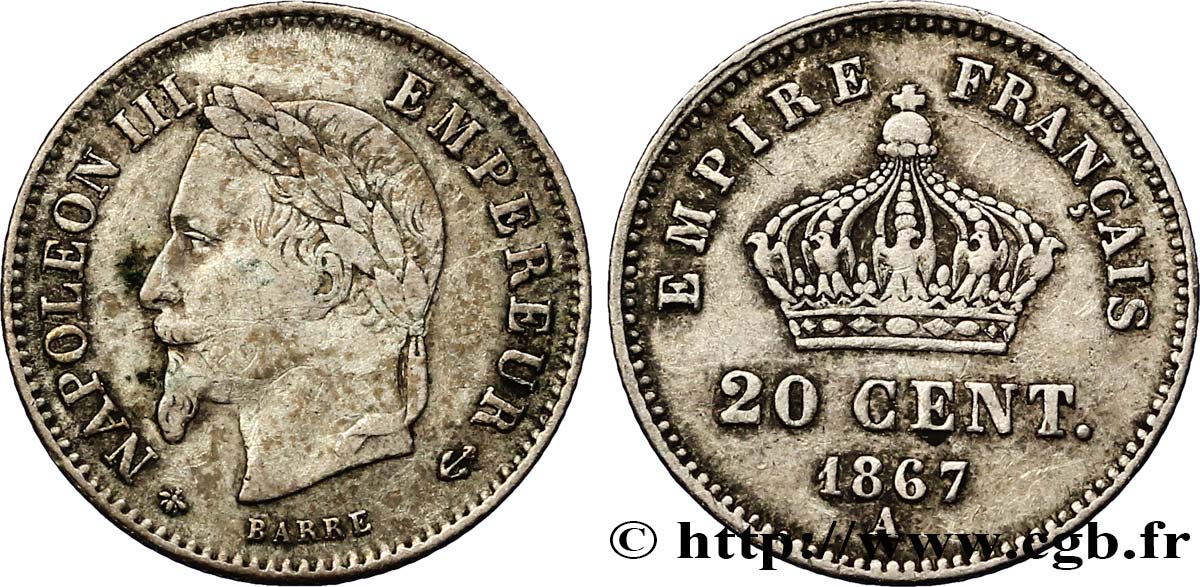 20 centimes Napoléon III, tête laurée, grand module 1867 Paris F.150/1 TB35