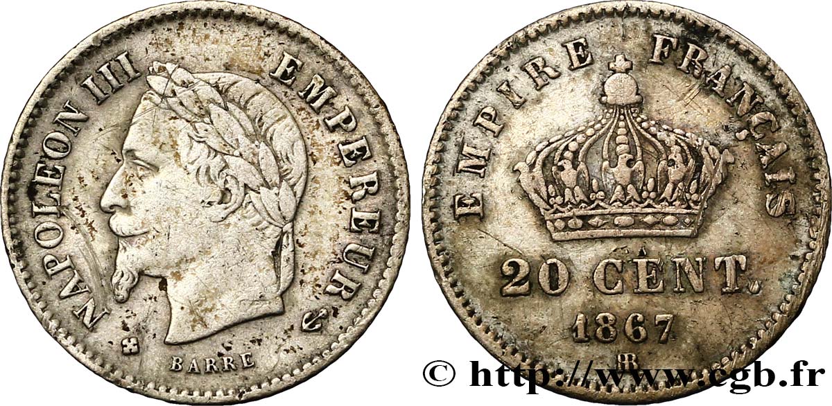 20 centimes Napoléon III, tête laurée, grand module 1867 Strasbourg F.150/2 VF35 