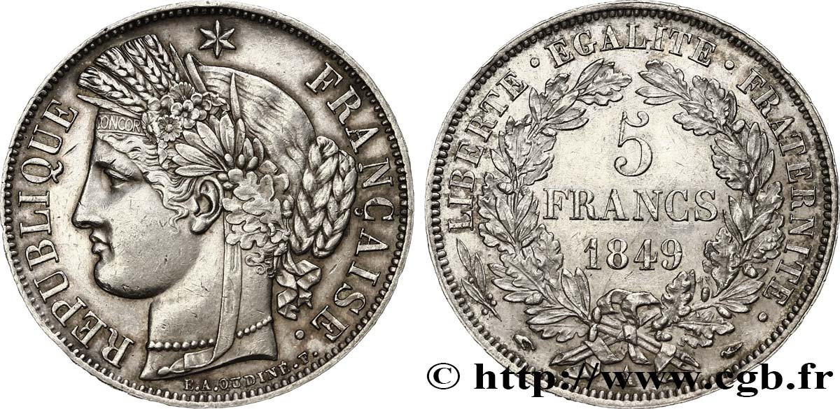 5 francs Cérès, IIe République 1849 Paris F.327/1 TTB50 