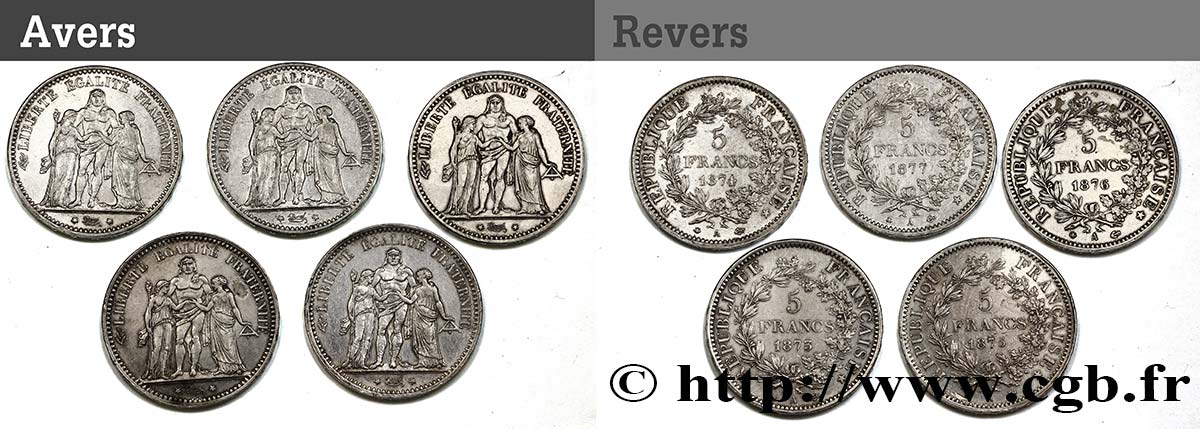 Lot de cinq pièces de 5 francs Hercule : 1873 1874 1875 1876 1877 - Paris F.334/9 TB 