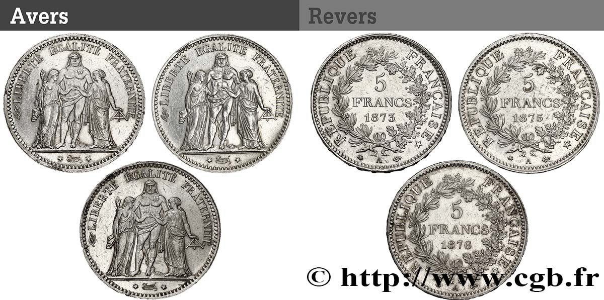 Lot de trois pièces de 5 francs Hercule : 1873 1875 1876 - Paris F.334/9 BC 