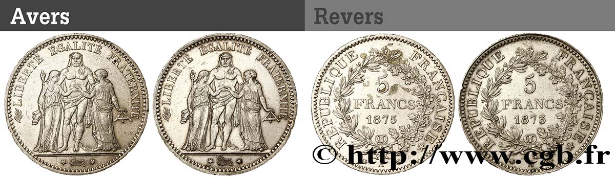 Lot de deux pièces de 5 francs Hercule : 1873 1875 - Paris F.334/9 TB