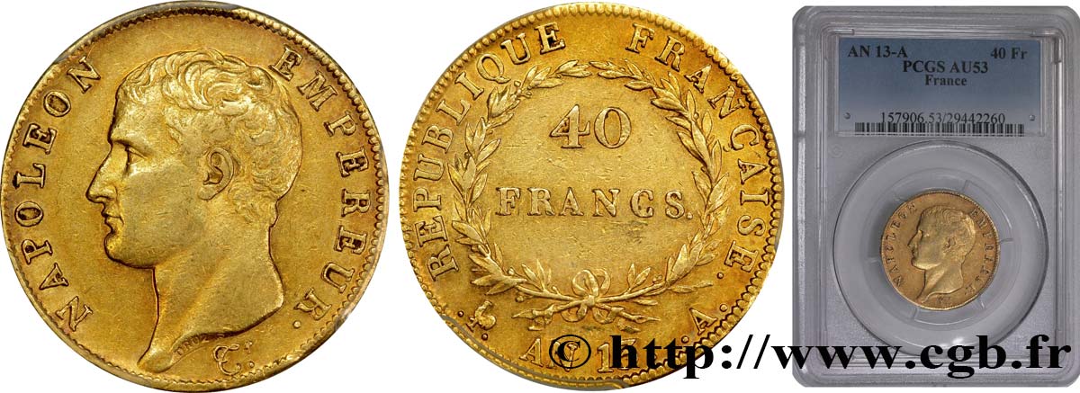 40 francs or Napoléon tête nue, Calendrier révolutionnaire 1805 Paris F.537/1 SS53 PCGS