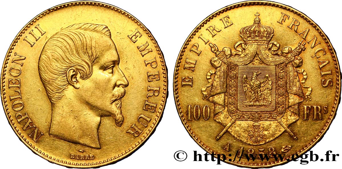 100 francs or Napoléon III, tête nue 1858 Paris F.550/5 XF48 